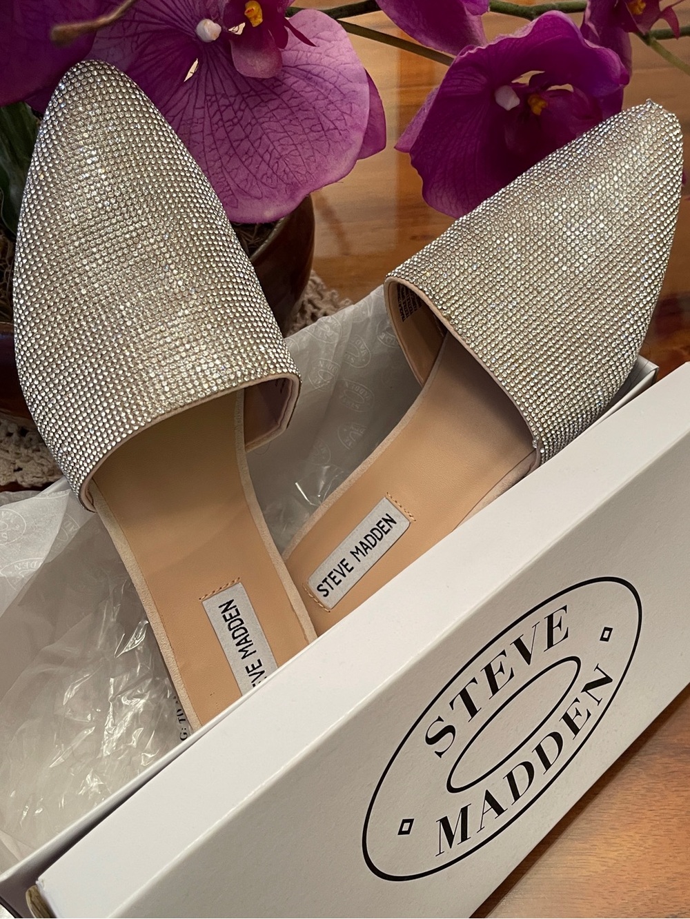 Steve Madden Silver Crystal Pointed Toe Slip-On Flats